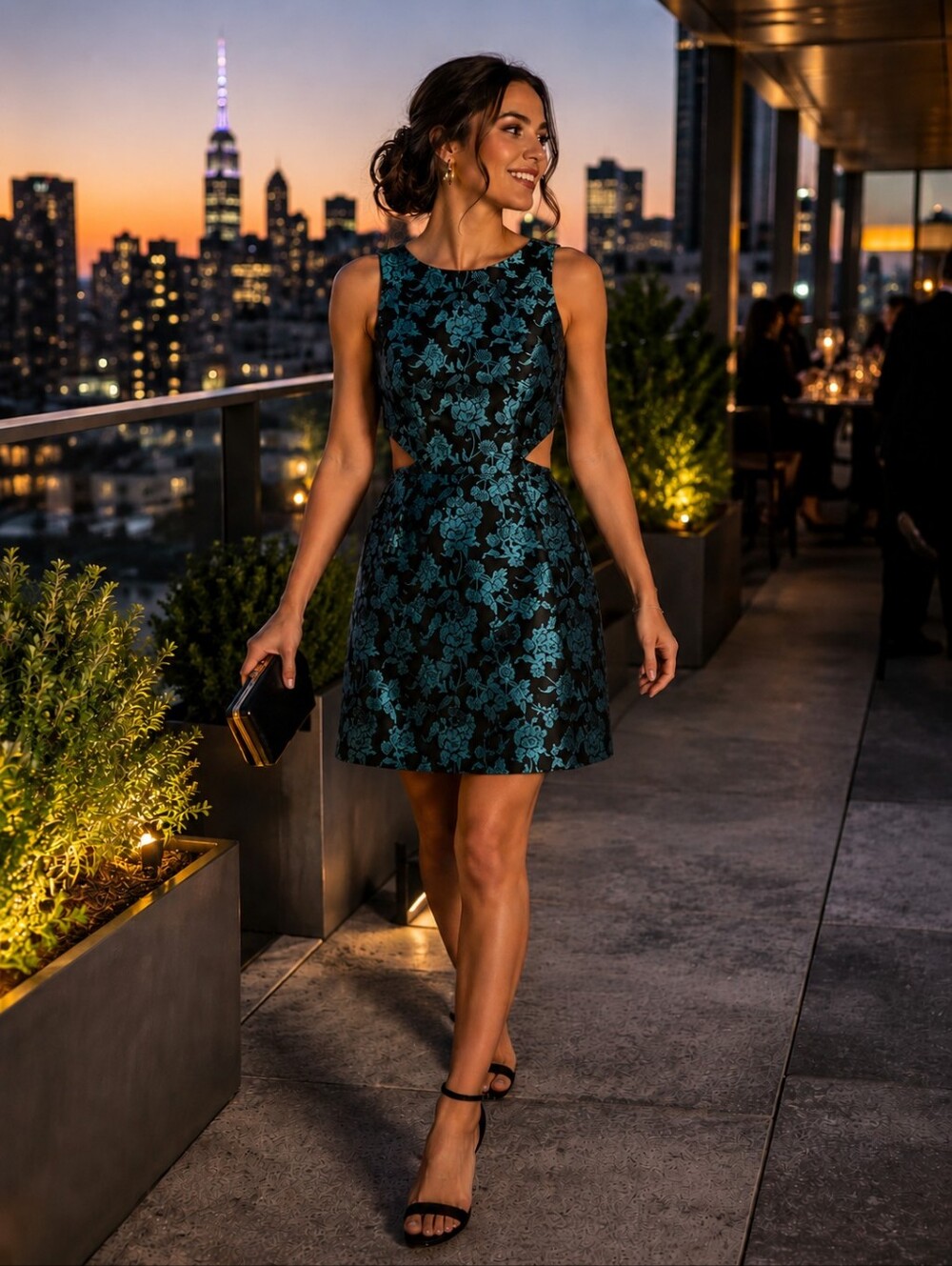 Hutch NWT Floral Cutout Cocktail Dress | Teal & Black Jacquard | Petite 8P $190